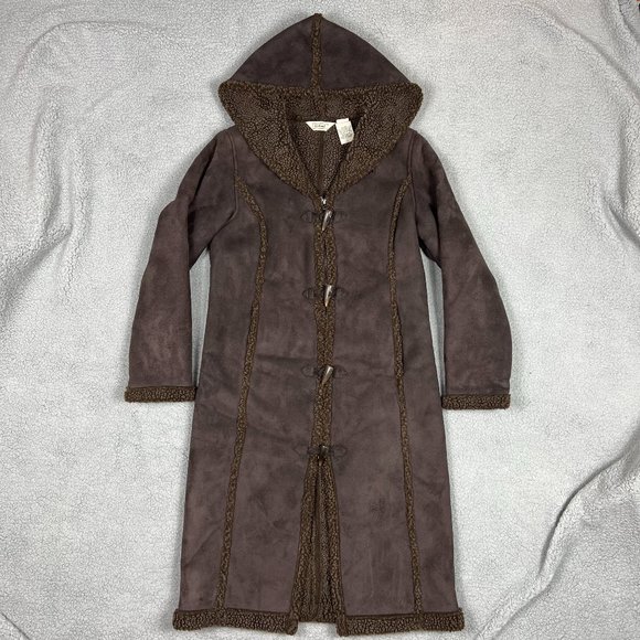 L.L. Bean Jackets & Blazers - LL Bean Faux Shearling Coat Womens XS Extra Small Brown Toggle Suede Sherpa Long